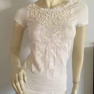 J. Crew factory short sleeve cream top with beading and painted pattern